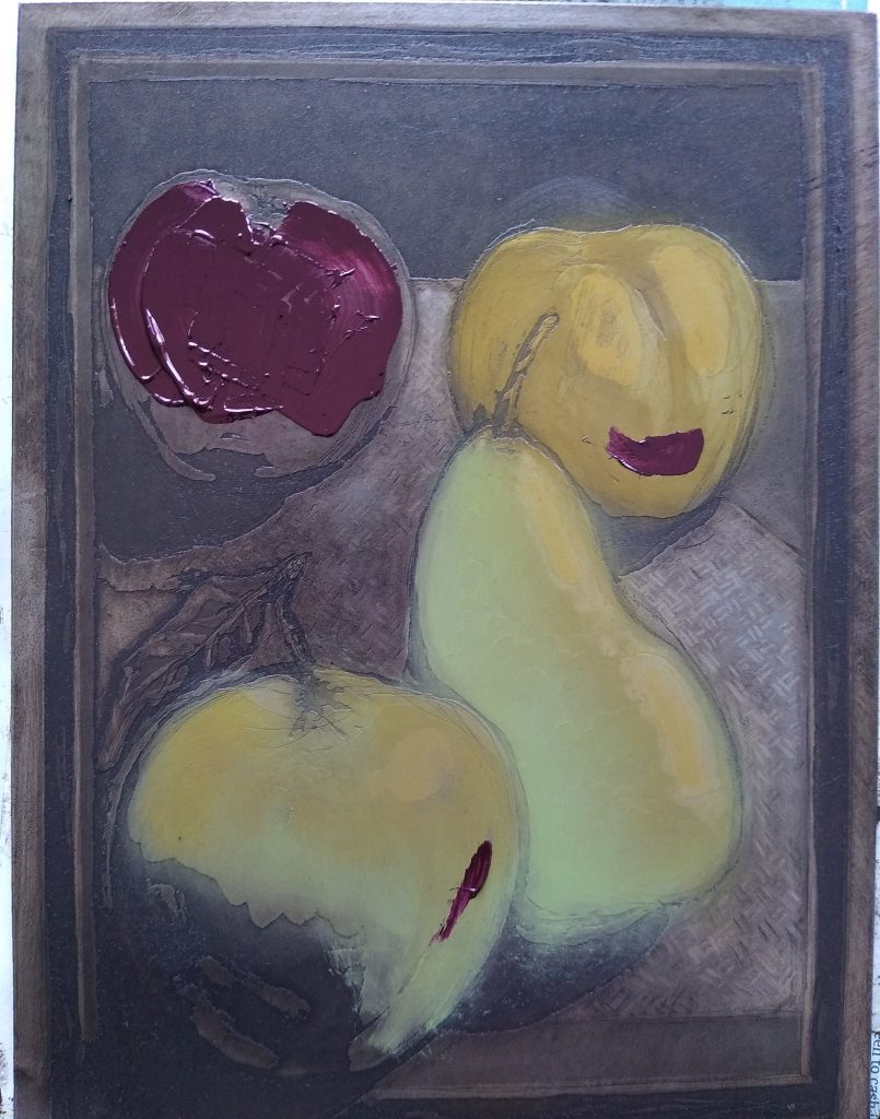 Detail of a multi-colour steel plate etching with deep red and green tones hand-applied using the à la poupée printmaking technique.