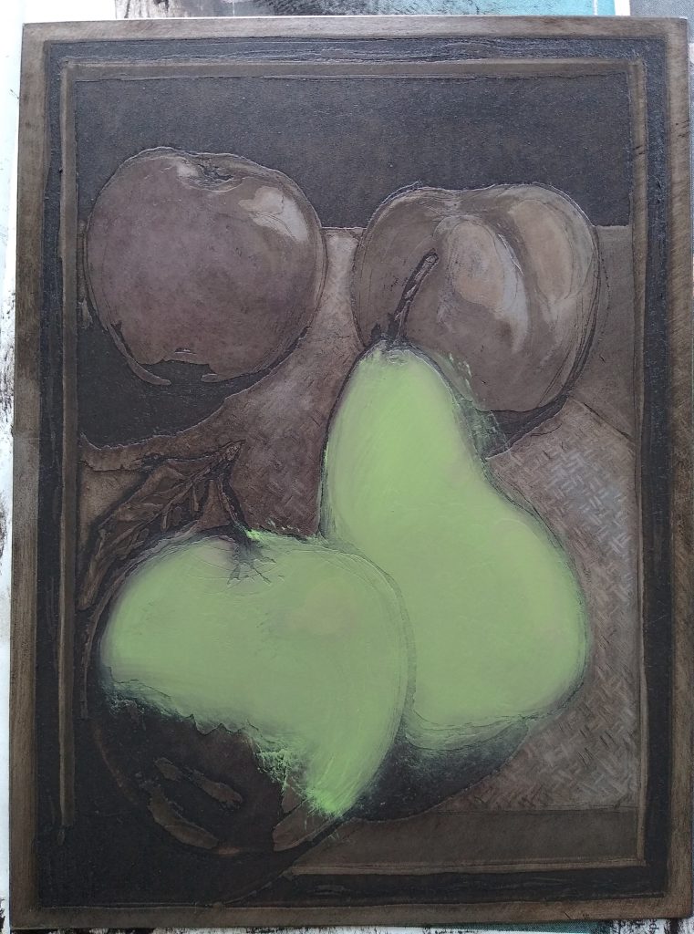 Steel etching plate being inked à la poupée with soft green tones added to pears in a botanical still life composition.